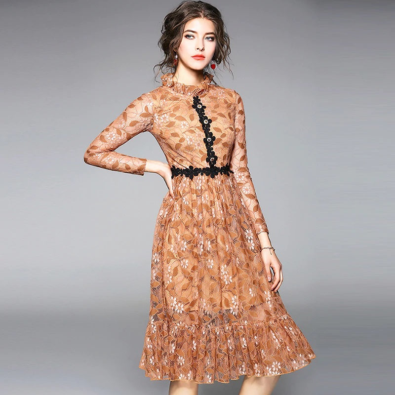 Elegant Floral Office Lady Lace Dress