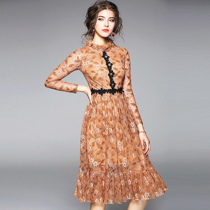 Elegant Floral Office Lady Lace Dress