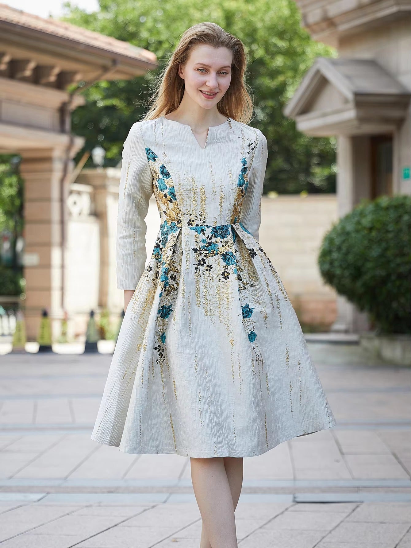 Elegant Floral V-Neck Full Sleeve Natural Waist Party Evening Jacquard Dress