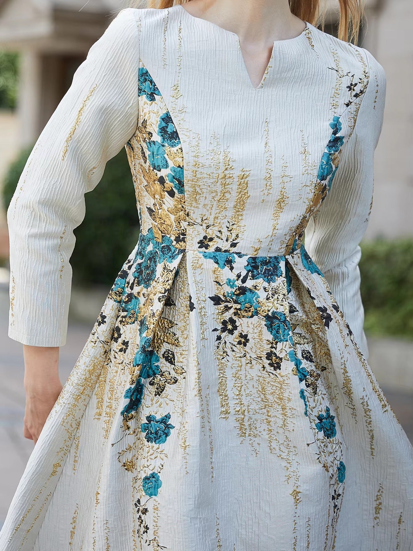 Elegant Floral V-Neck Full Sleeve Natural Waist Party Evening Jacquard Dress