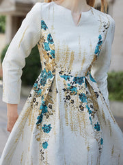 Elegant Floral V-Neck Full Sleeve Natural Waist Party Evening Jacquard Dress