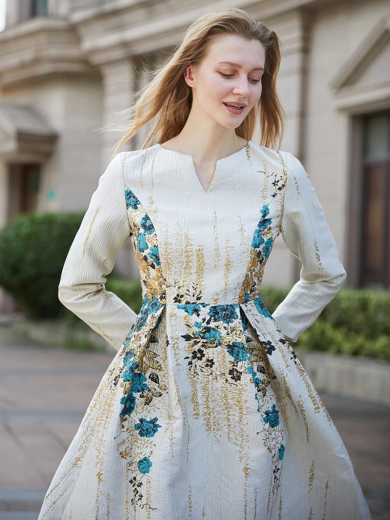 Elegant Floral V-Neck Full Sleeve Natural Waist Party Evening Jacquard Dress