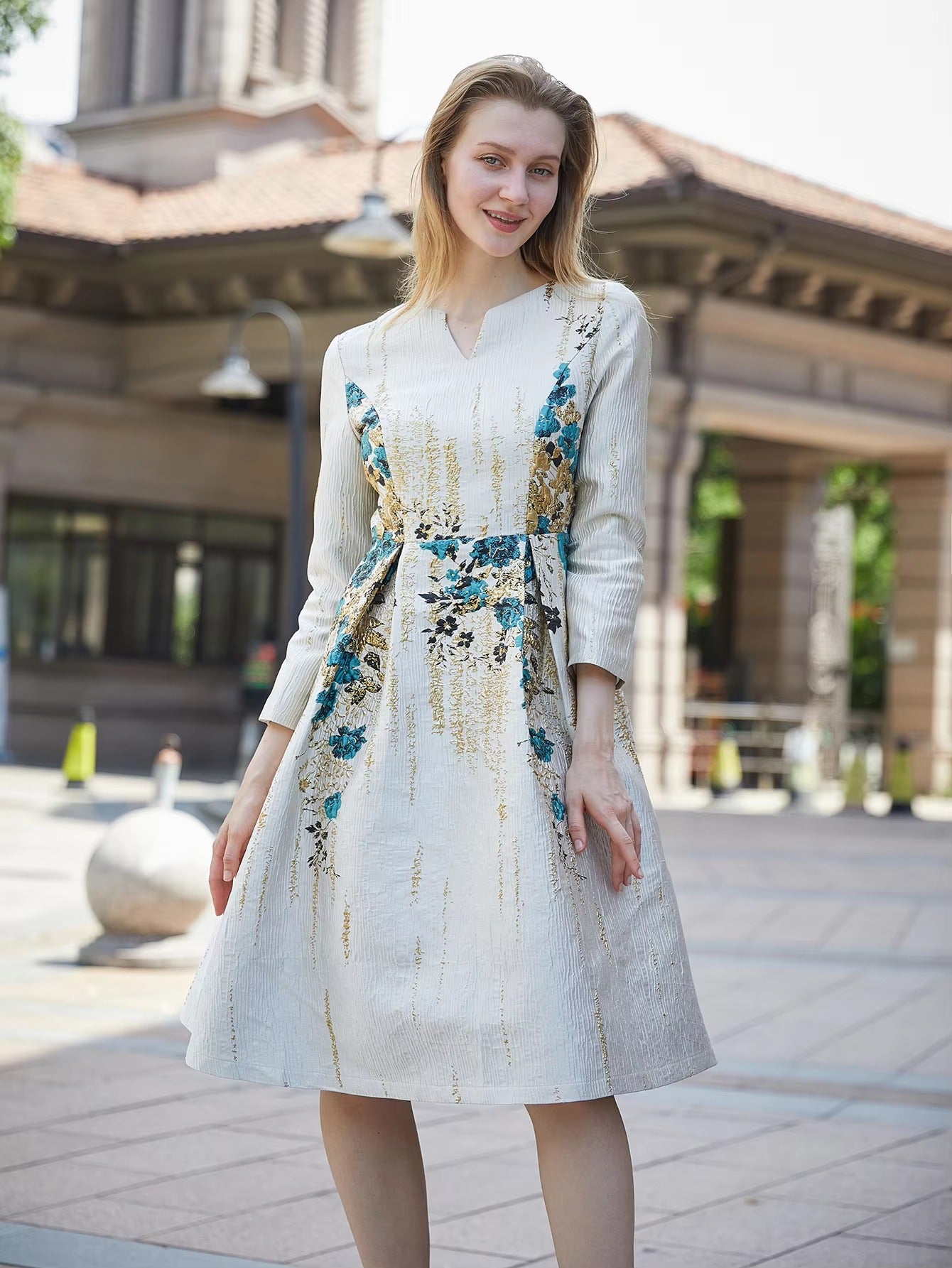 Elegant Floral V-Neck Full Sleeve Natural Waist Party Evening Jacquard Dress