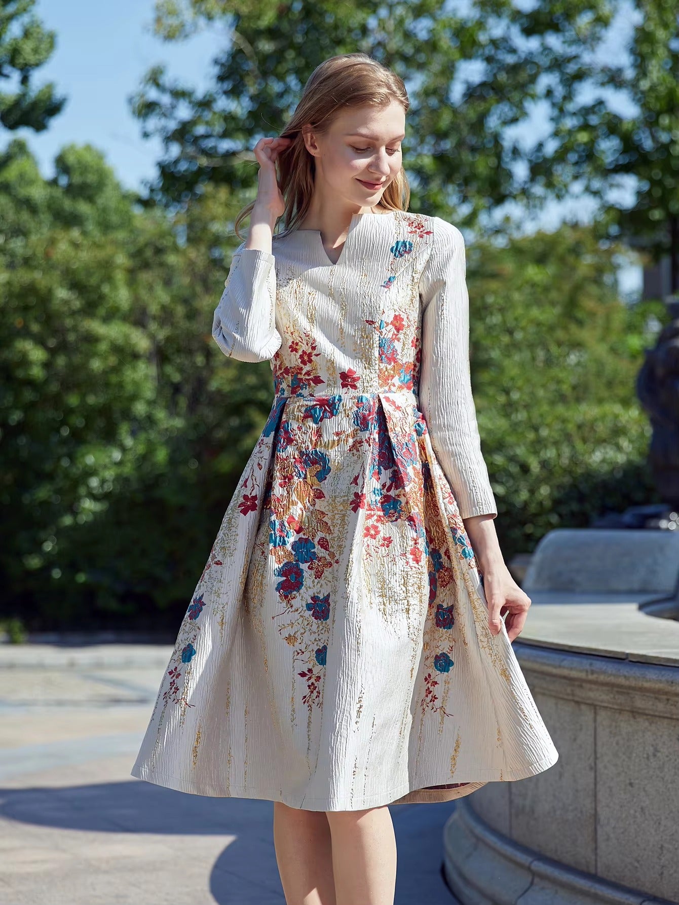 Elegant Floral V-Neck Full Sleeve Natural Waist Party Evening Jacquard Dress