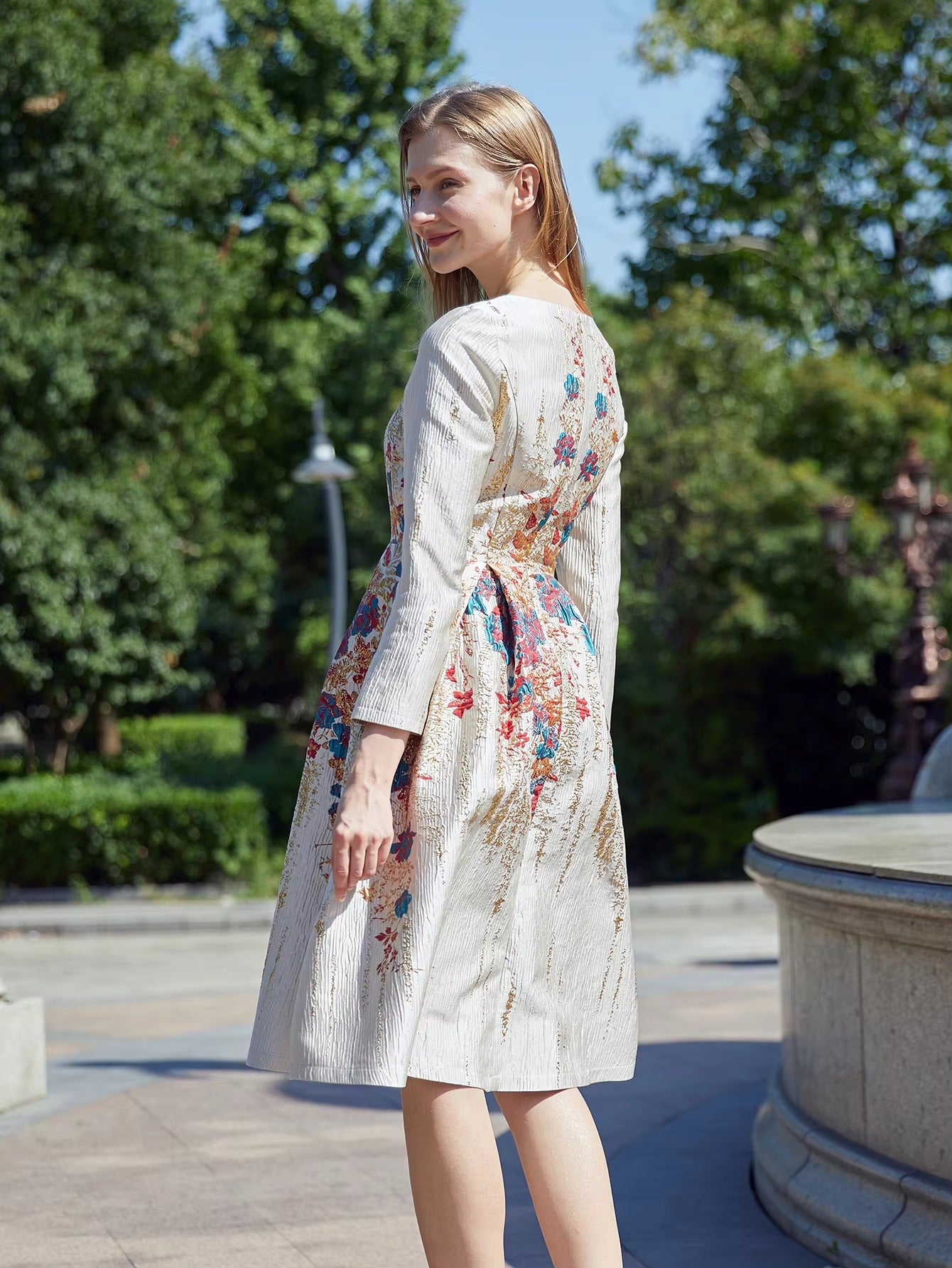 Elegant Floral V-Neck Full Sleeve Natural Waist Party Evening Jacquard Dress
