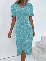 Elegant Floral Pleated V-Neck Puff Sleeve Waist Button Midi Dress