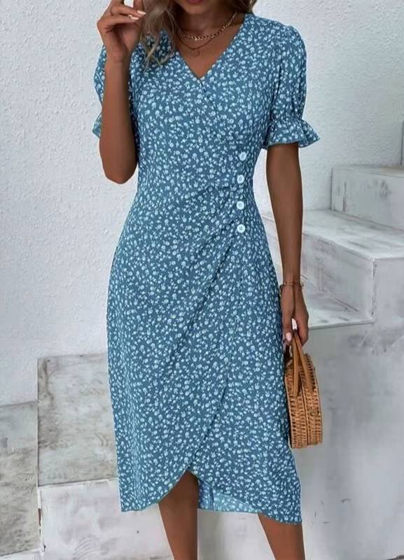 Elegant Floral Pleated V-Neck Puff Sleeve Waist Button Midi Dress