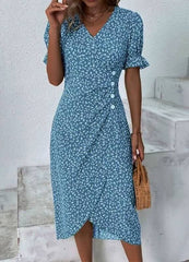 Elegant Floral Pleated V-Neck Puff Sleeve Waist Button Midi Dress