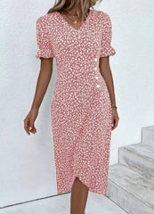 Elegant Floral Pleated V-Neck Puff Sleeve Waist Button Midi Dress