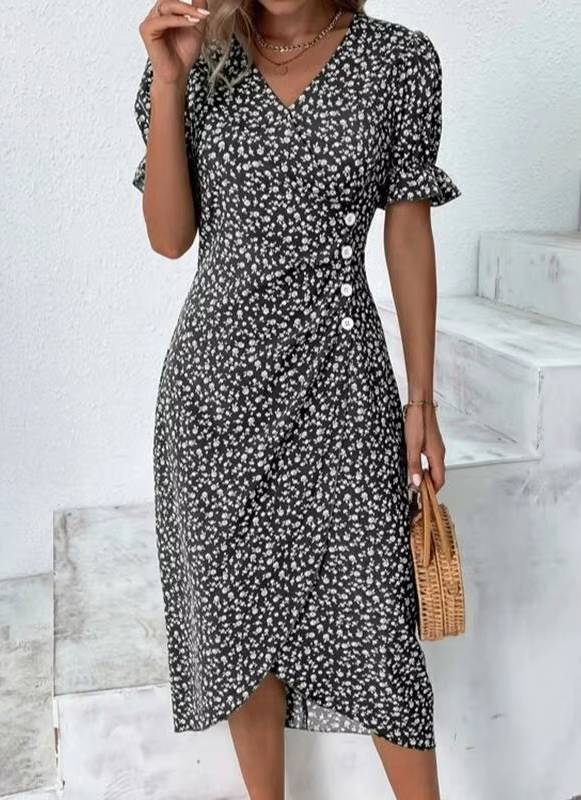 Elegant Floral Pleated V-Neck Puff Sleeve Waist Button Midi Dress