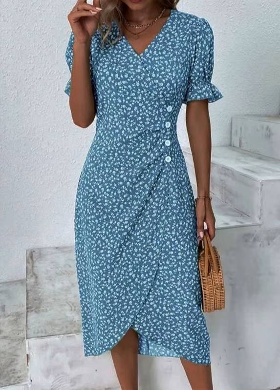 Elegant Floral Pleated V-Neck Puff Sleeve Waist Button Midi Dress