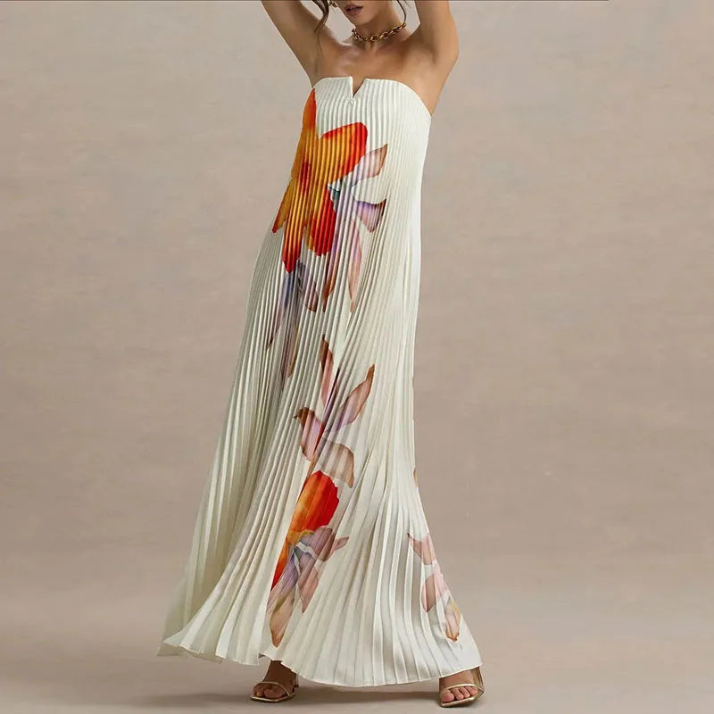 Elegant Floral Print A-Line Pleated Hollow Strapless Backless Zips Boho Long Dress