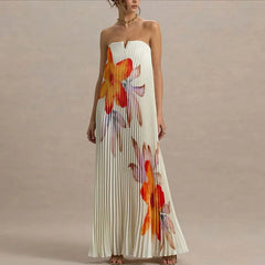 Elegant Floral Print A-Line Pleated Hollow Strapless Backless Zips Boho Long Dress