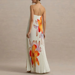 Elegant Floral Print A-Line Pleated Hollow Strapless Backless Zips Boho Long Dress