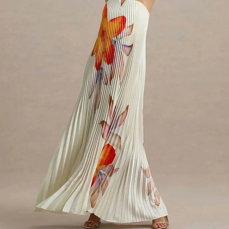 Elegant Floral Print A-Line Pleated Hollow Strapless Backless Zips Boho Long Dress
