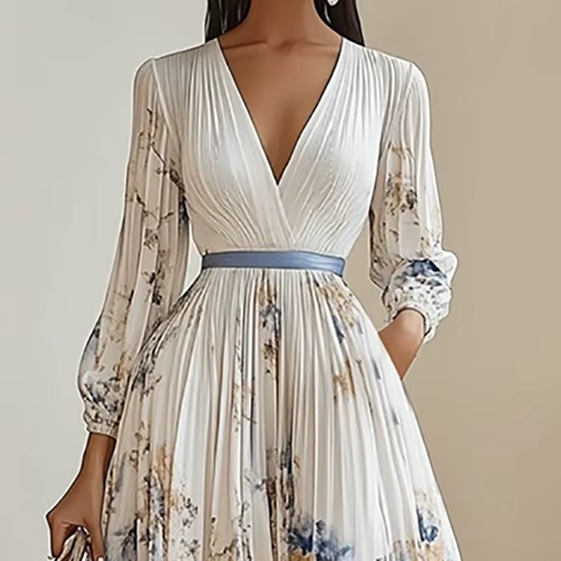 Elegant Floral Print A-Line Pleated Long Sleeve Bohemian Maxi Dress