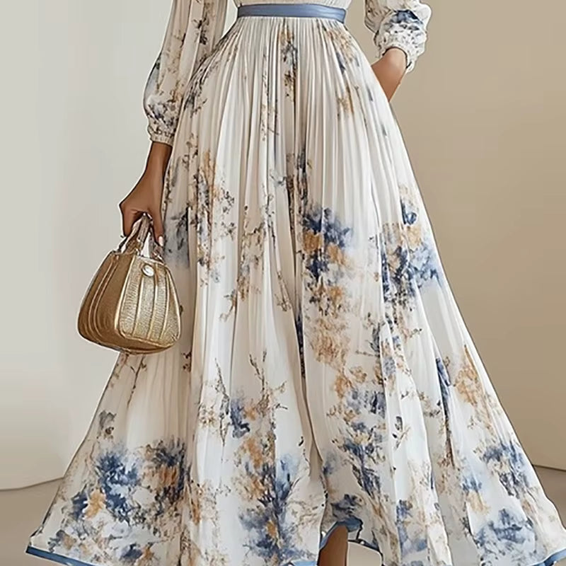 Elegant Floral Print A-Line Pleated Long Sleeve Bohemian Maxi Dress