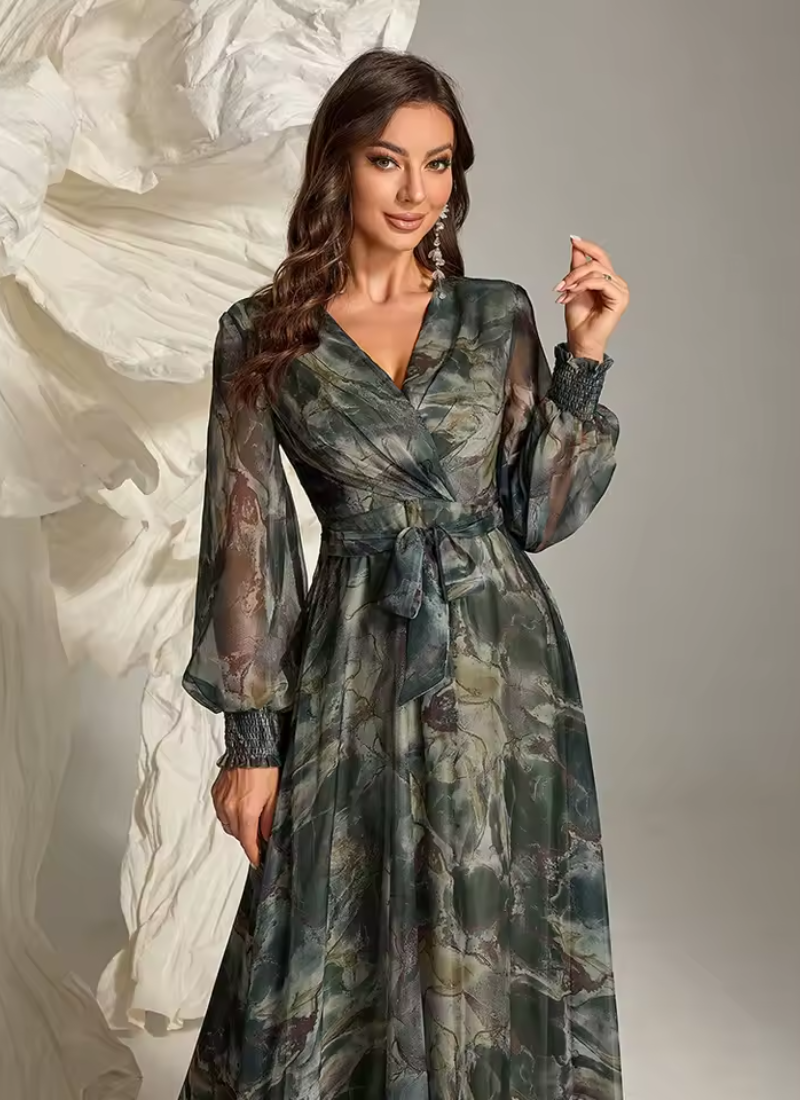 Elegant Floral Print Casual Long Sleeve Belted Formal Party Maxi Dresses