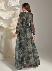 Elegant Floral Print Casual Long Sleeve Belted Formal Party Maxi Dresses