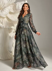 Elegant Floral Print Casual Long Sleeve Belted Formal Party Maxi Dresses