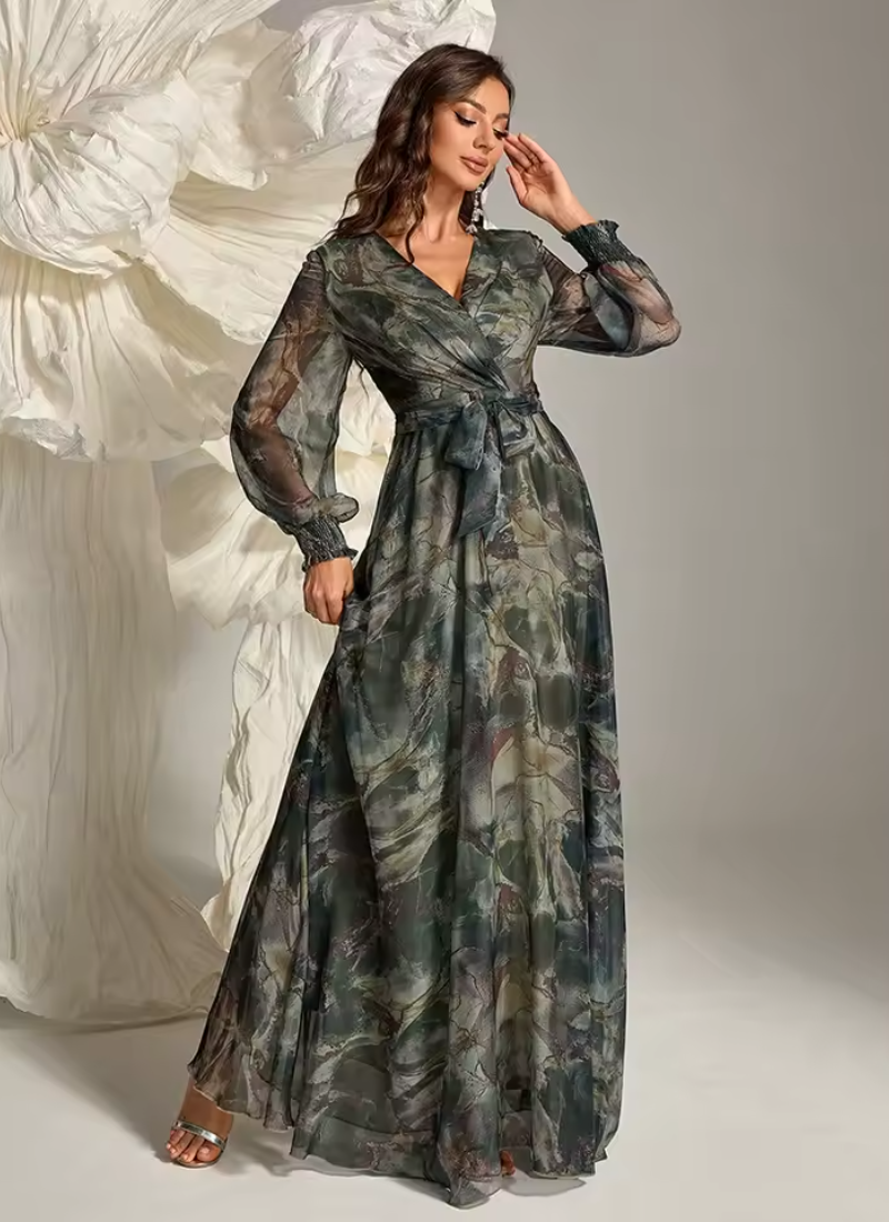 Elegant Floral Print Casual Long Sleeve Belted Formal Party Maxi Dresses