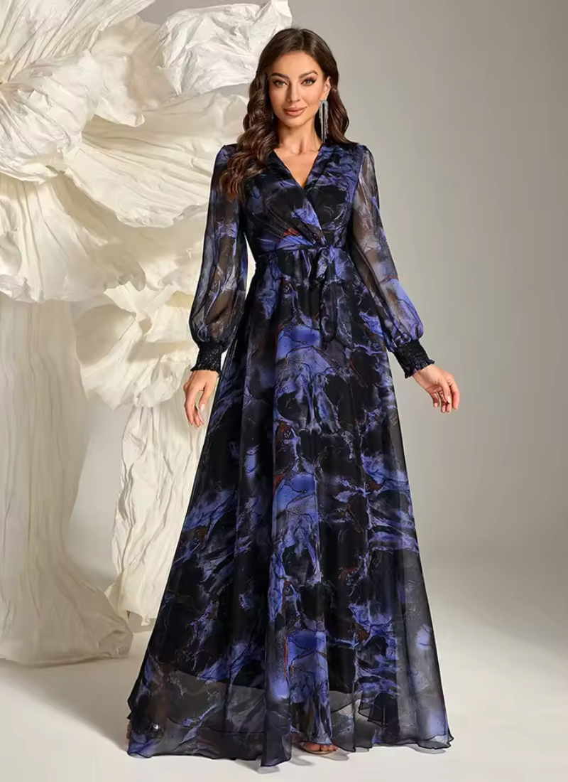 Elegant Floral Print Casual Long Sleeve Belted Formal Party Maxi Dresses
