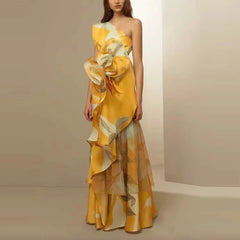 Elegant Floral Print Diagonal Collar Hollow Off Shoulder High Waist Banquet Long Maxi Dress