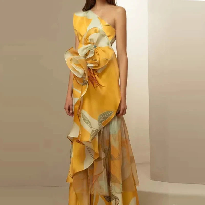 Elegant Floral Print Diagonal Collar Hollow Off Shoulder High Waist Banquet Long Maxi Dress