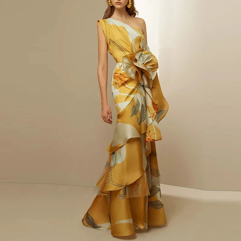 Elegant Floral Print Diagonal Collar Hollow Off Shoulder High Waist Banquet Long Maxi Dress