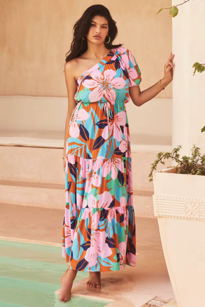 Elegant Floral Print Diagonal Shoulder Beach Style Long Maxi Dress