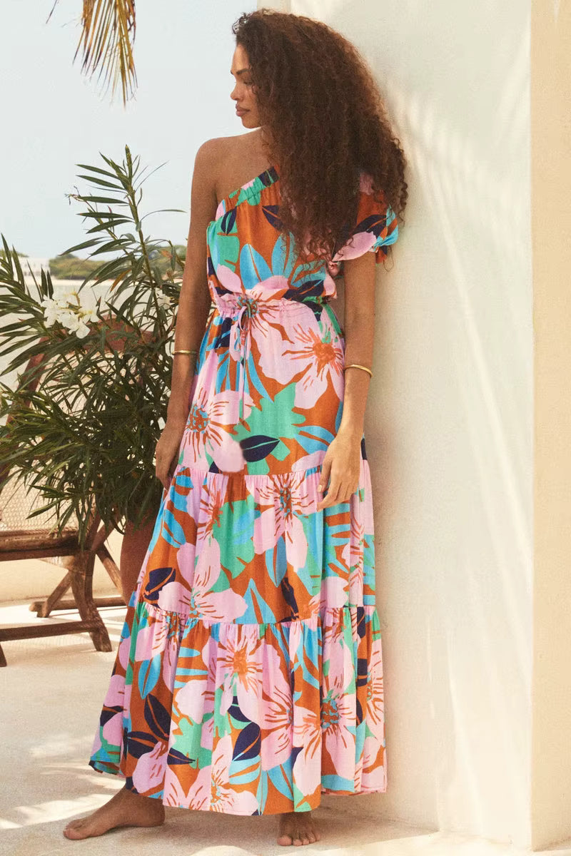 Elegant Floral Print Diagonal Shoulder Beach Style Long Maxi Dress