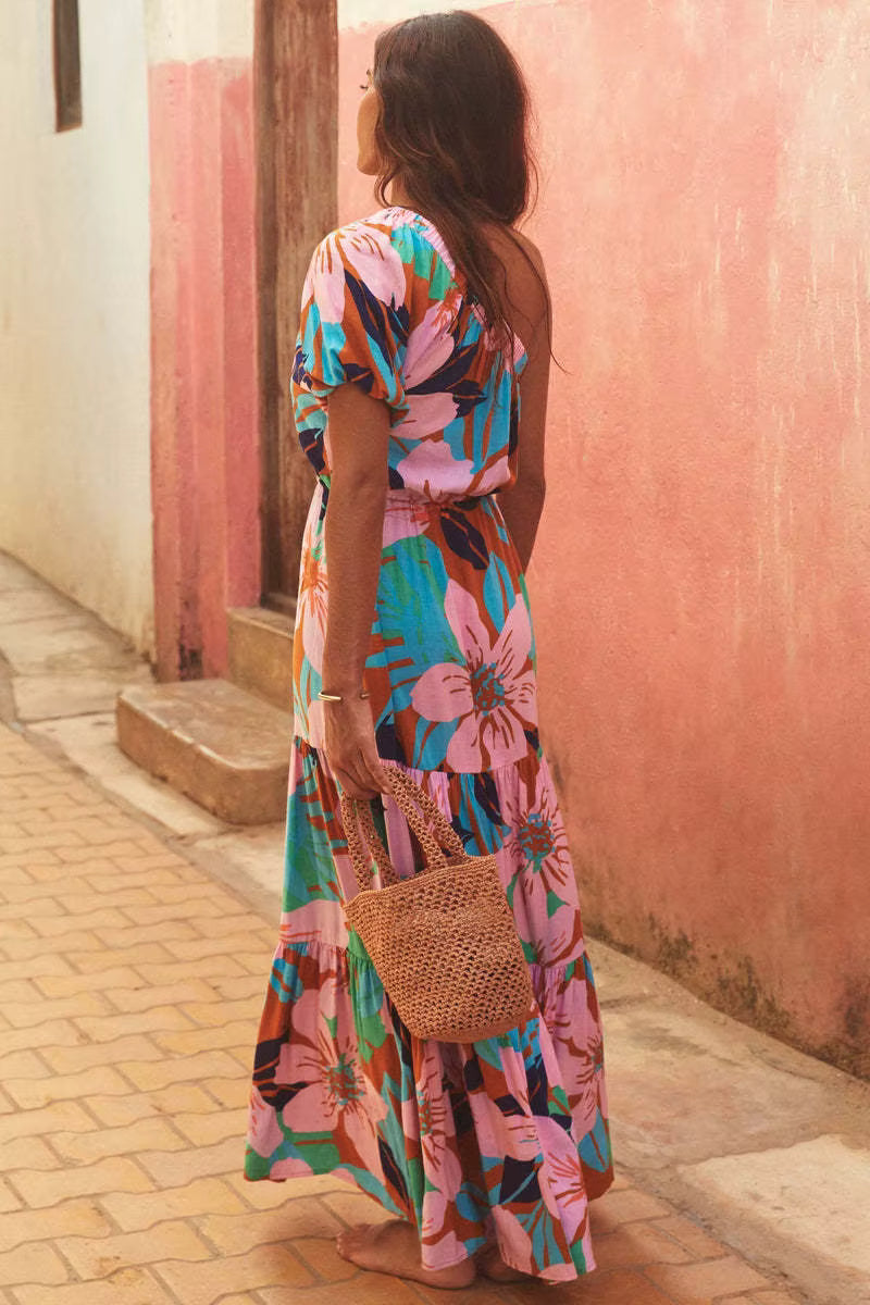 Elegant Floral Print Diagonal Shoulder Beach Style Long Maxi Dress