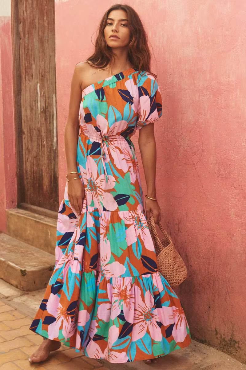Elegant Floral Print Diagonal Shoulder Beach Style Long Maxi Dress