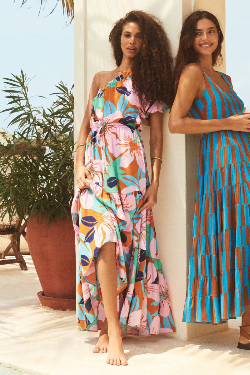 Elegant Floral Print Diagonal Shoulder Beach Style Long Maxi Dress