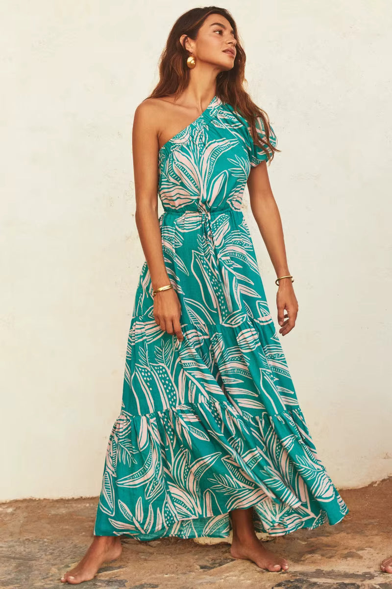 Elegant Floral Print Diagonal Shoulder Beach Style Long Maxi Dress