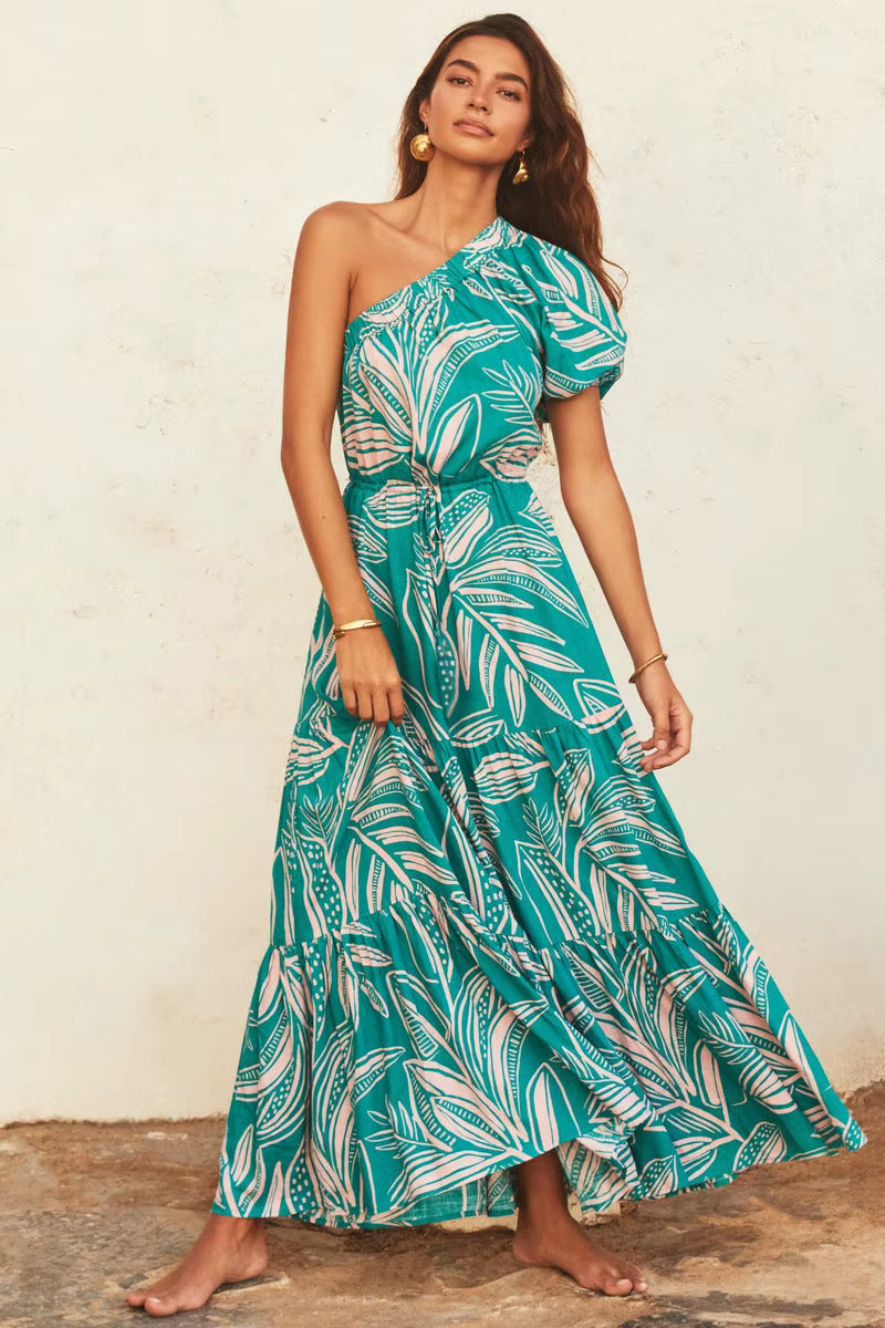 Elegant Floral Print Diagonal Shoulder Beach Style Long Maxi Dress