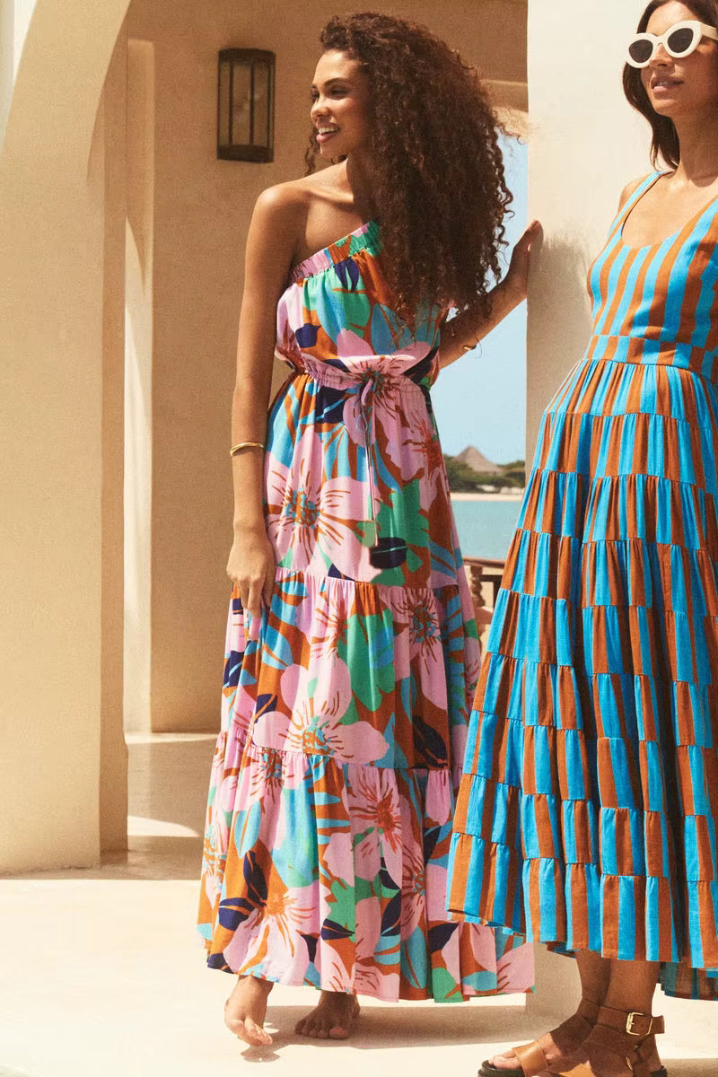 Elegant Floral Print Diagonal Shoulder Beach Style Long Maxi Dress