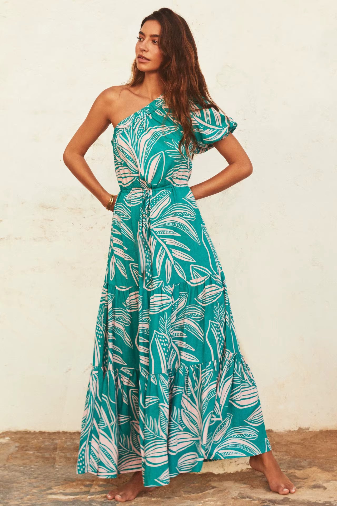 Elegant Floral Print Diagonal Shoulder Beach Style Long Maxi Dress