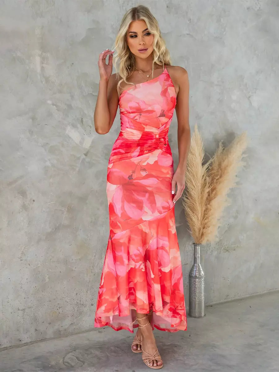 Elegant Floral Print One-Shoulder Natural Waistline Long Maxi Dress
