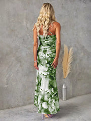 Elegant Floral Print One-Shoulder Natural Waistline Long Maxi Dress
