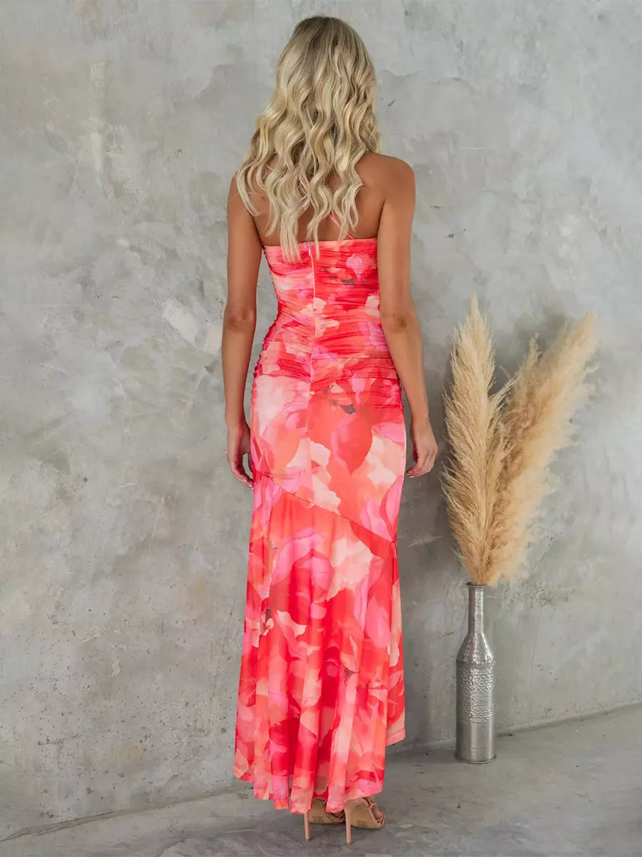 Elegant Floral Print One-Shoulder Natural Waistline Long Maxi Dress