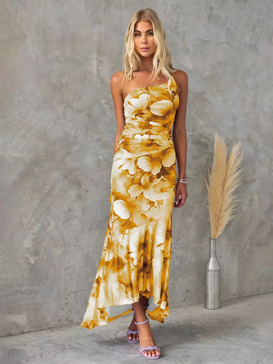 Elegant Floral Print One-Shoulder Natural Waistline Long Maxi Dress