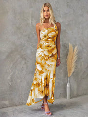 Elegant Floral Print One-Shoulder Natural Waistline Long Maxi Dress