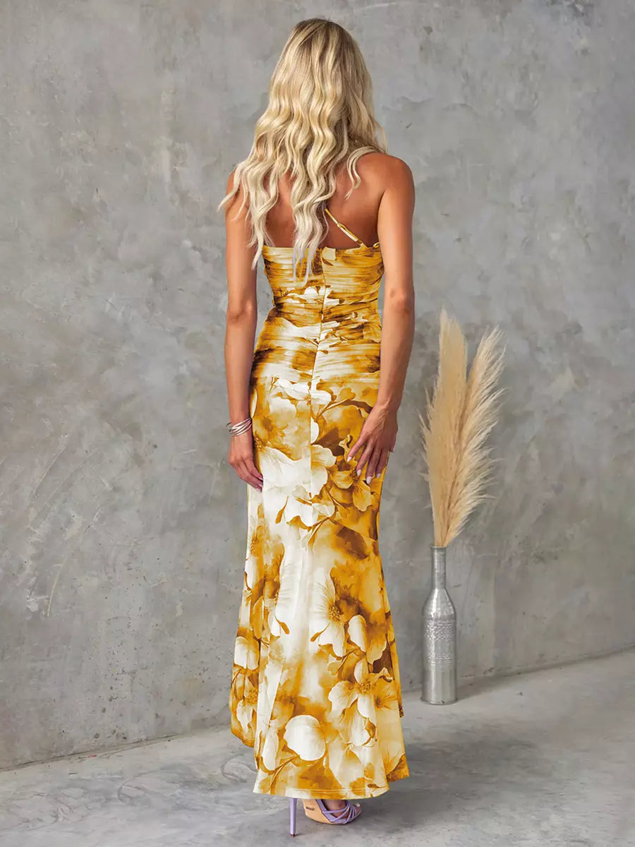 Elegant Floral Print One-Shoulder Natural Waistline Long Maxi Dress