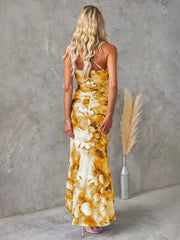 Elegant Floral Print One-Shoulder Natural Waistline Long Maxi Dress