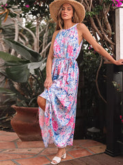 Elegant Floral Print Sleeveless Belted Beach Daily Casual Maxi Dress