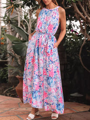Elegant Floral Print Sleeveless Belted Beach Daily Casual Maxi Dress