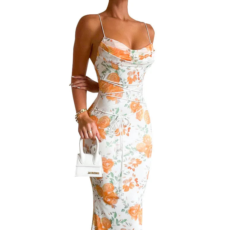 Elegant Floral Print Spaghetti Strap Sleeveless Backless Bandage Party Dress