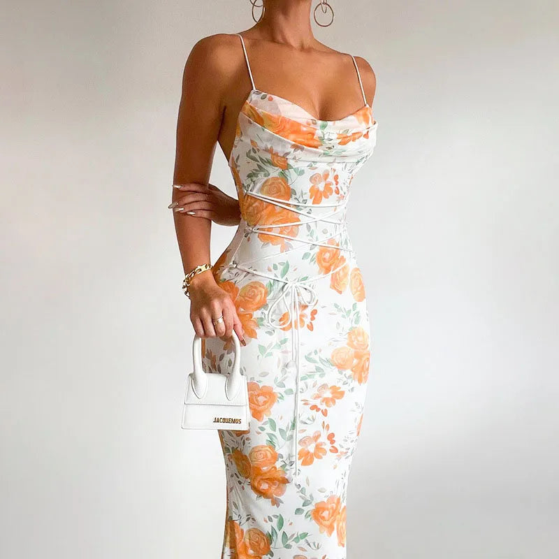 Elegant Floral Print Spaghetti Strap Sleeveless Backless Bandage Party Dress