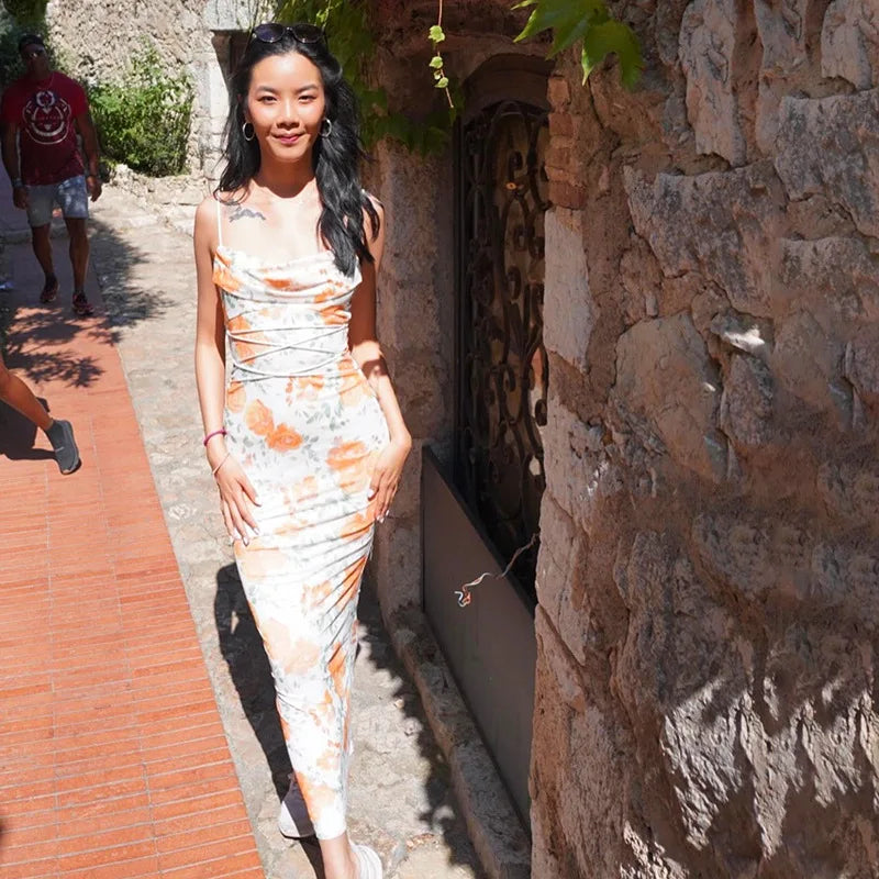 Elegant Floral Print Spaghetti Strap Sleeveless Backless Bandage Party Dress